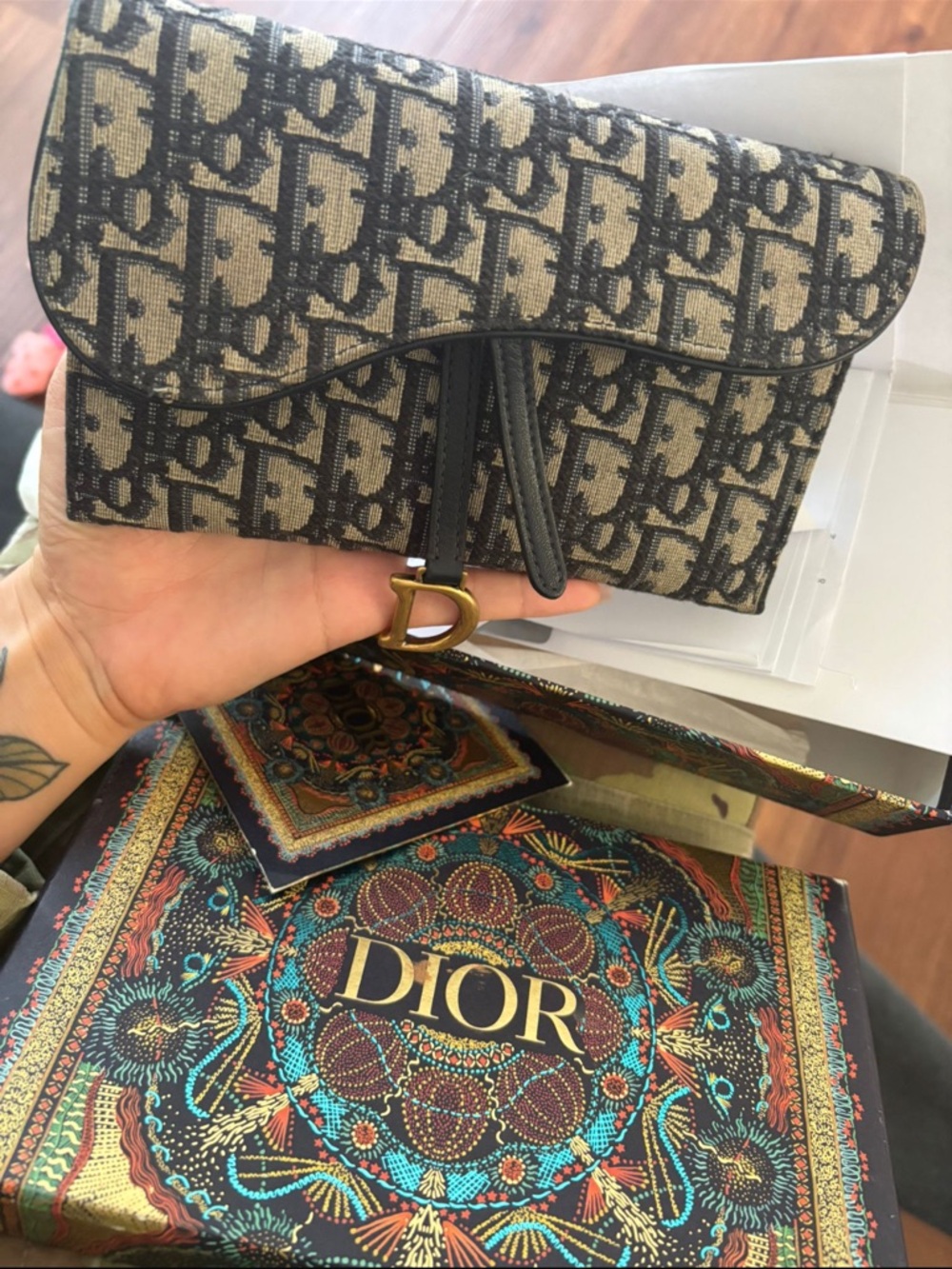 Dior Oblique Canvas Clutch in Black and Beige with Gold D Charm